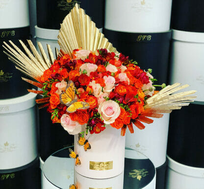 Medium Size Flower Bouquet in color Pink, Orange and Red in light pink box - Image 2