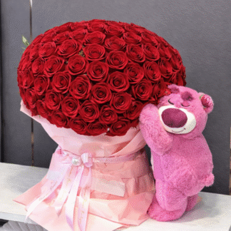 X Large Size Roses Bouquet with  standing Teddy Bear to the side